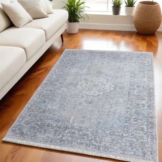 Gray Blue and Ivory Oriental Hand Woven Distressed Area Rug With Fringe Photo 1