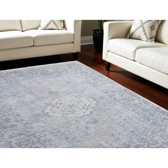 Gray Blue and Ivory Oriental Hand Woven Distressed Area Rug With Fringe Photo 1