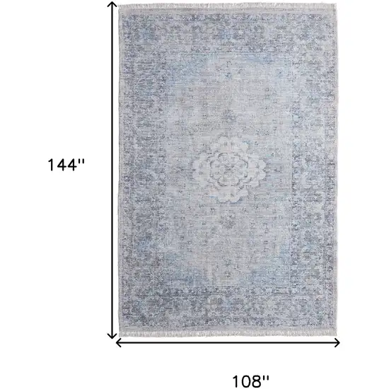 Gray Blue and Ivory Oriental Hand Woven Distressed Area Rug With Fringe Photo 3