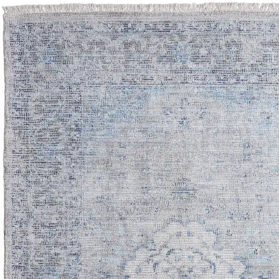 Gray Blue and Ivory Oriental Hand Woven Distressed Area Rug With Fringe Photo 7