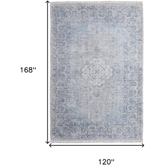 Gray Blue and Ivory Oriental Hand Woven Distressed Area Rug With Fringe Photo 3