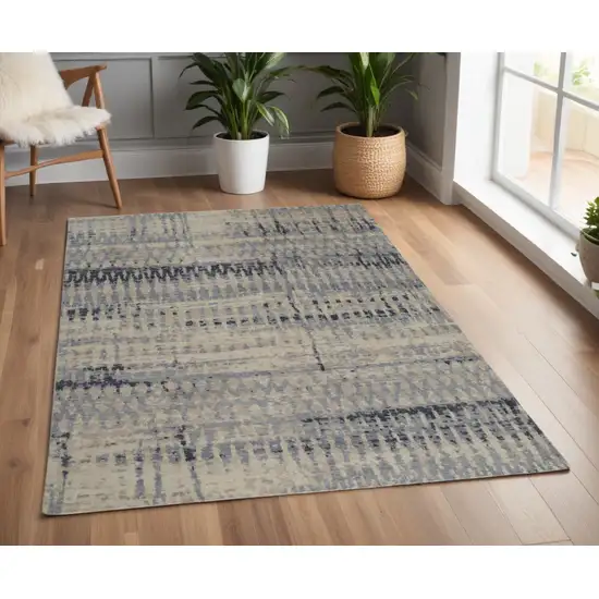 Gray Blue and Ivory Wool Abstract Hand Knotted Area Rug Photo 2