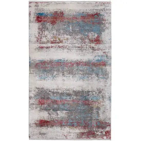 Gray Blue and Red Abstract Power Loom Area Rug With Fringe Photo 2