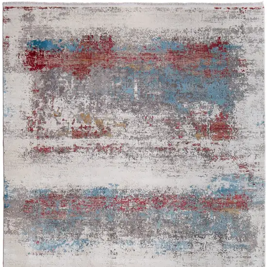 Gray Blue and Red Abstract Power Loom Area Rug With Fringe Photo 4