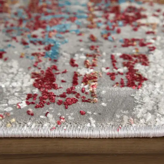 Gray Blue and Red Abstract Power Loom Area Rug With Fringe Photo 6