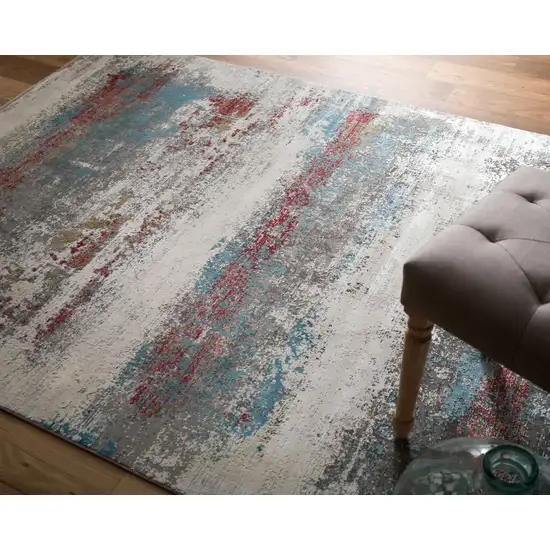 Gray Blue and Red Abstract Power Loom Area Rug With Fringe Photo 5