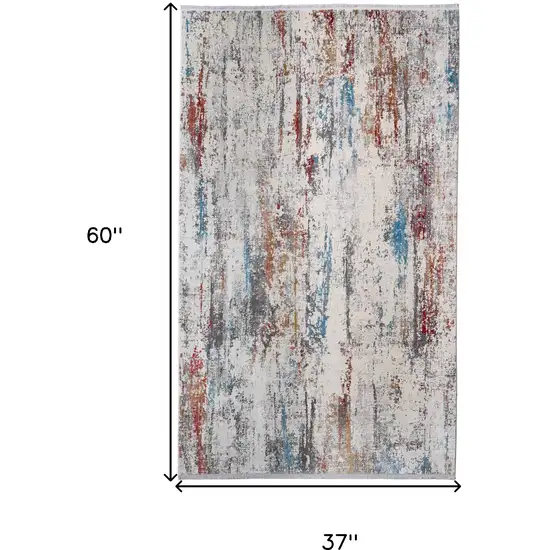 Gray Blue and Red Abstract Power Loom Area Rug With Fringe Photo 3