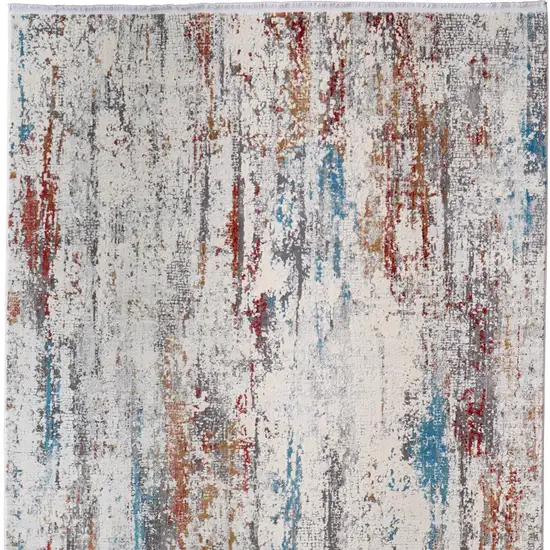 Gray Blue and Red Abstract Power Loom Area Rug With Fringe Photo 4