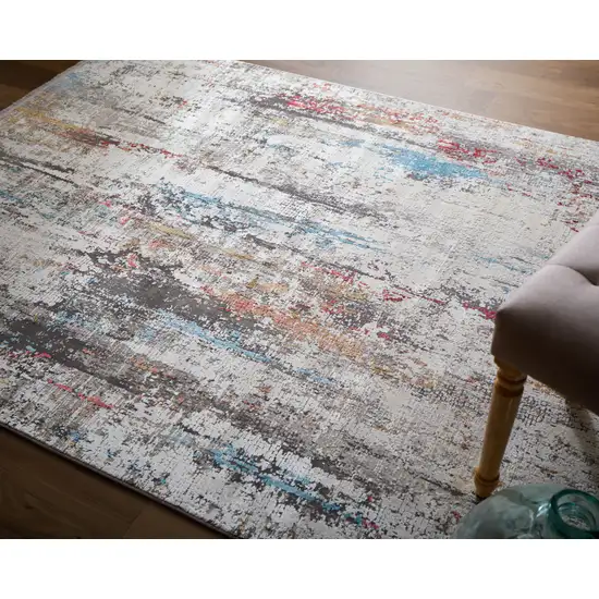 Gray Blue and Red Abstract Power Loom Area Rug With Fringe Photo 5