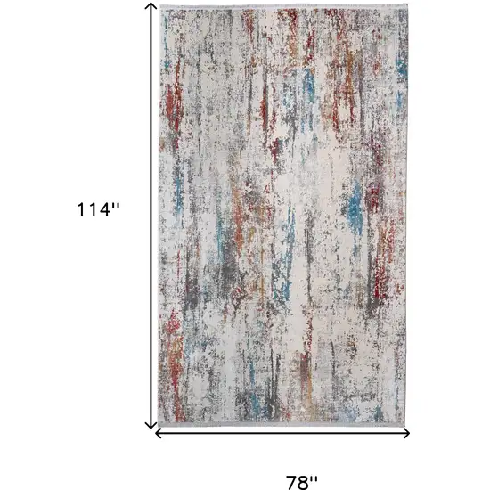 Gray Blue and Red Abstract Power Loom Area Rug With Fringe Photo 3