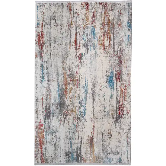 Gray Blue and Red Abstract Power Loom Area Rug With Fringe Photo 2