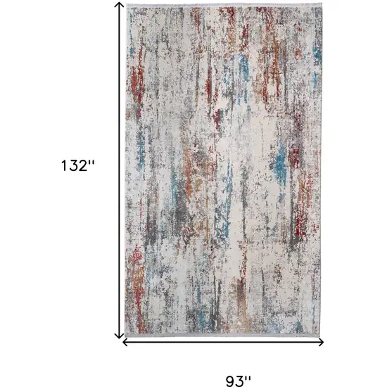 Gray Blue and Red Abstract Power Loom Area Rug With Fringe Photo 3