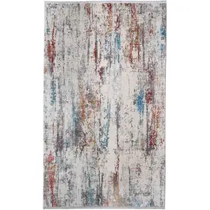 Photo of Gray Blue and Red Abstract Power Loom Area Rug With Fringe