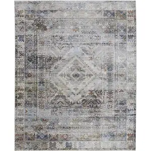 Photo of Gray Blue and Red Abstract Power Loom Worn Faded Area Rug