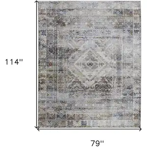 Photo of Gray Blue and Red Abstract Power Loom Worn Faded Area Rug