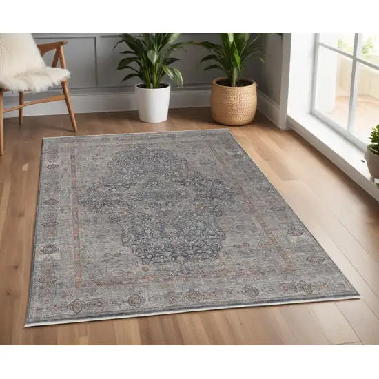 Gray Blue and Red Oriental Power Loom Worn Faded Area Rug With Fringe Photo 1