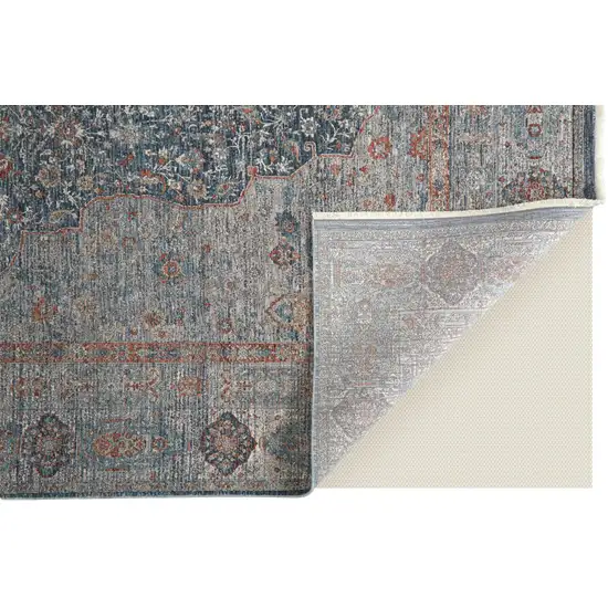 Gray Blue and Red Oriental Power Loom Worn Faded Area Rug With Fringe Photo 8