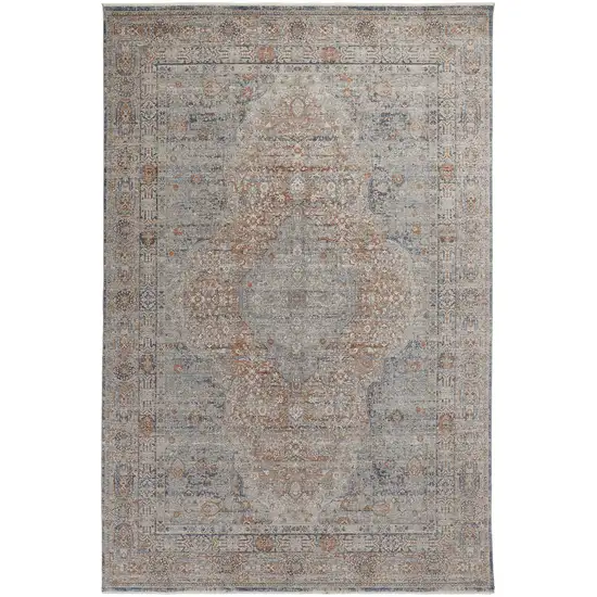 Gray Blue and Red Oriental Power Loom Worn Faded Area Rug With Fringe Photo 6