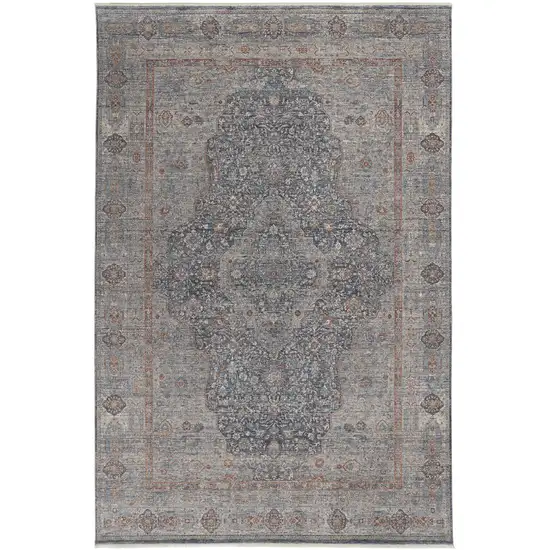 Gray Blue and Red Oriental Power Loom Worn Faded Area Rug With Fringe Photo 5