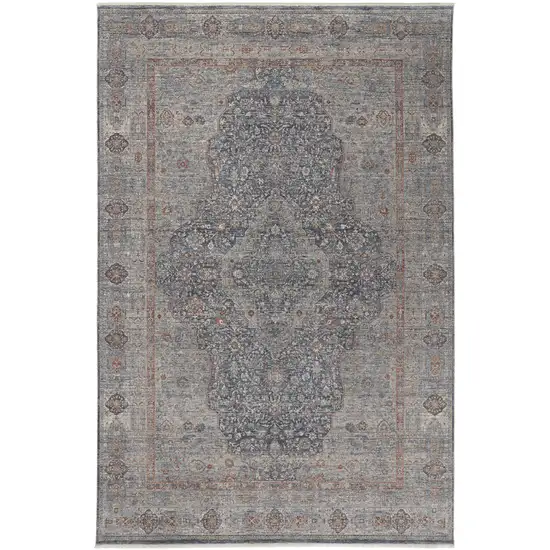 Gray Blue and Red Oriental Power Loom Worn Faded Area Rug With Fringe Photo 4