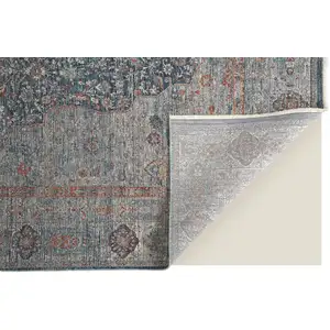 Photo of Gray Blue and Red Oriental Power Loom Worn Faded Area Rug With Fringe