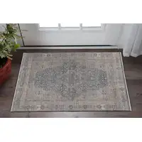 Photo of Gray Blue and Red Oriental Power Loom Worn Faded Area Rug With Fringe