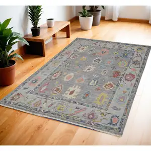 Photo of Gray Blue and Red Wool Oriental Hand Knotted Area Rug With Fringe