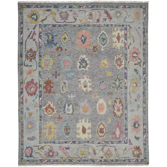 Gray Blue and Red Wool Oriental Hand Knotted Area Rug With Fringe Photo 6