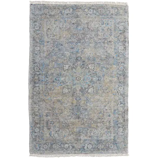 Gray Blue and Tan Abstract Hand Woven Distressed Area Rug With Fringe Photo 4