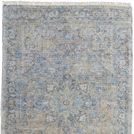 Gray Blue and Tan Abstract Hand Woven Distressed Area Rug With Fringe Photo 5