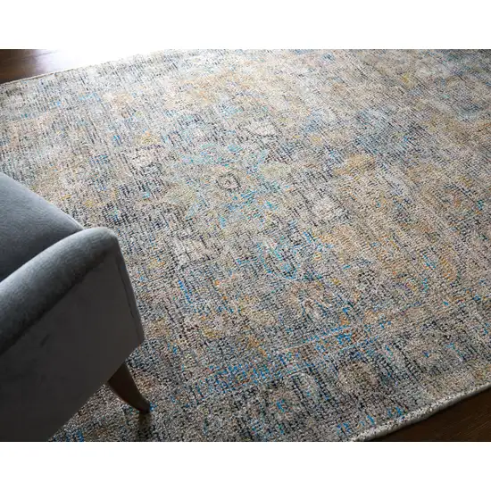 Gray Blue and Tan Abstract Hand Woven Distressed Area Rug With Fringe Photo 6