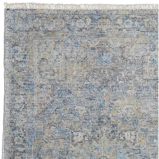 Gray Blue and Tan Abstract Hand Woven Distressed Area Rug With Fringe Photo 5