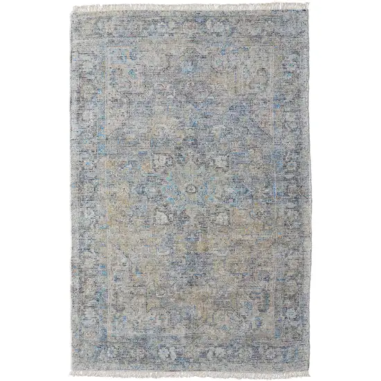 Gray Blue and Tan Abstract Hand Woven Distressed Area Rug With Fringe Photo 5