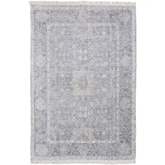 Gray Blue and Taupe Abstract Hand Woven Distressed Area Rug With Fringe Photo 3