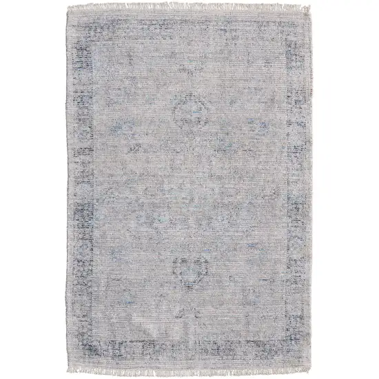 Gray Blue and Taupe Abstract Hand Woven Distressed Area Rug With Fringe Photo 2