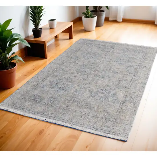 Gray Blue and Taupe Oriental Hand Woven Distressed Area Rug With Fringe Photo 1