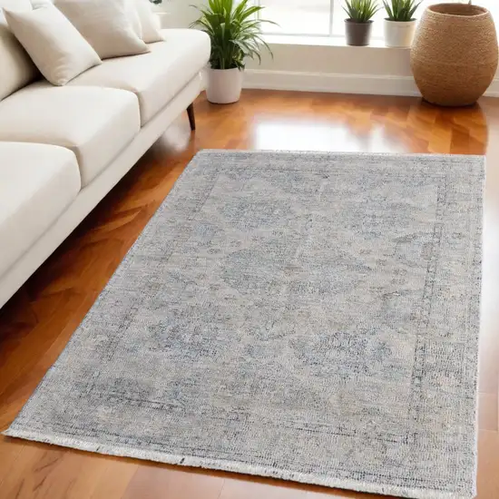 Gray Blue and Taupe Oriental Hand Woven Distressed Area Rug With Fringe Photo 1