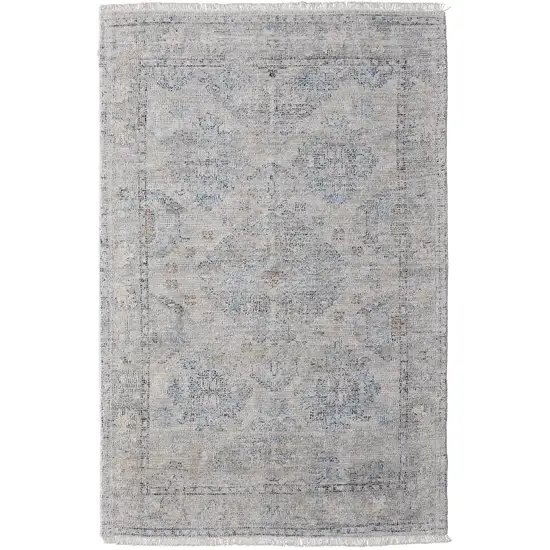 Gray Blue and Taupe Oriental Hand Woven Distressed Area Rug With Fringe Photo 4