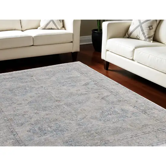 Gray Blue and Taupe Oriental Hand Woven Distressed Area Rug With Fringe Photo 1