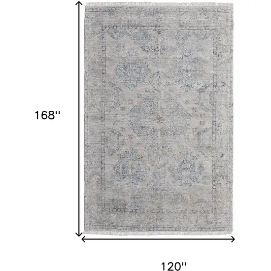 Gray Blue and Taupe Oriental Hand Woven Distressed Area Rug With Fringe Photo 3