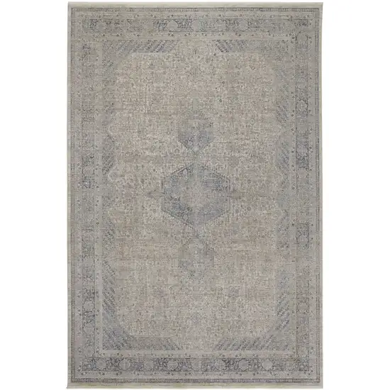 Gray Blue and Taupe Oriental Power Loom Worn Faded Area Rug With Fringe Photo 4