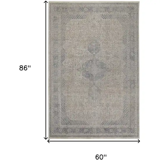 Gray Blue and Taupe Oriental Power Loom Worn Faded Area Rug With Fringe Photo 3