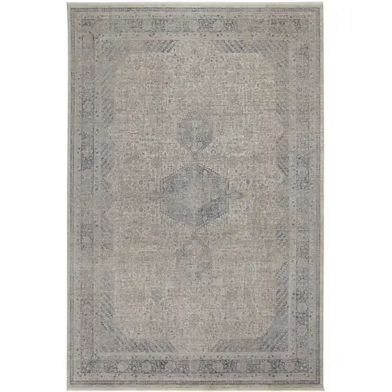 Gray Blue and Taupe Oriental Power Loom Worn Faded Area Rug With Fringe Photo 5