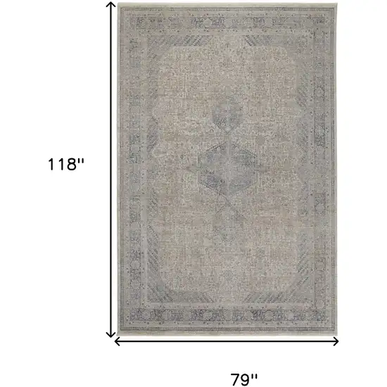 Gray Blue and Taupe Oriental Power Loom Worn Faded Area Rug With Fringe Photo 3