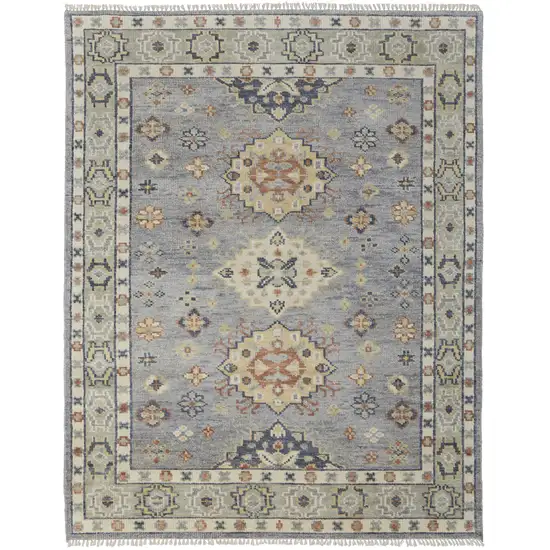 Gray Blue and Taupe Wool Geometric Hand Knotted Area Rug With Fringe Photo 5