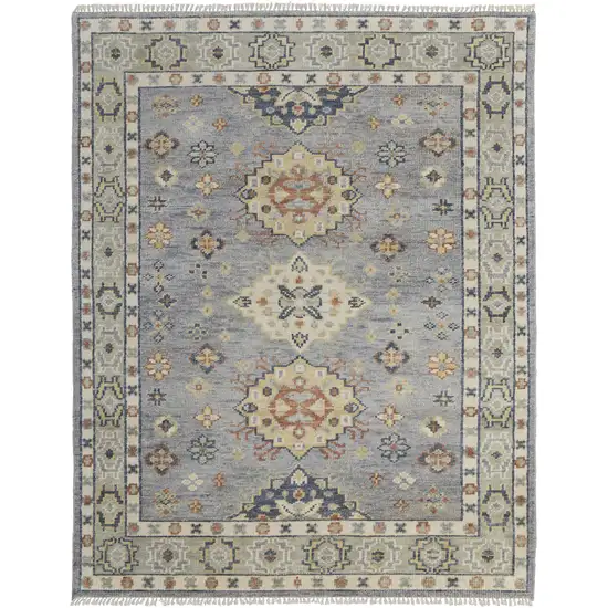 Gray Blue and Taupe Wool Geometric Hand Knotted Area Rug With Fringe Photo 4