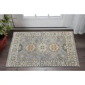 Photo of Gray Blue and Taupe Wool Geometric Hand Knotted Area Rug With Fringe