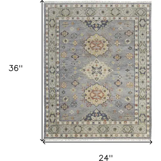 Gray Blue and Taupe Wool Geometric Hand Knotted Area Rug With Fringe Photo 3