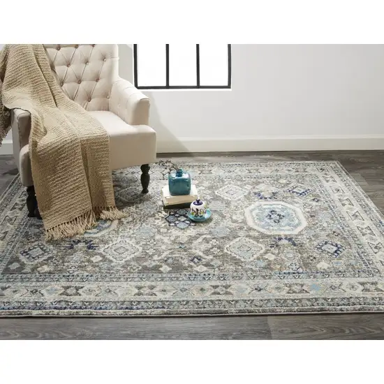 Gray Brown And Blue Floral Stain Resistant Area Rug Photo 7