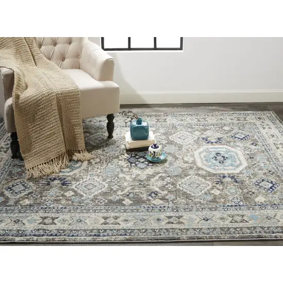 Gray Brown And Blue Floral Stain Resistant Area Rug Photo 8